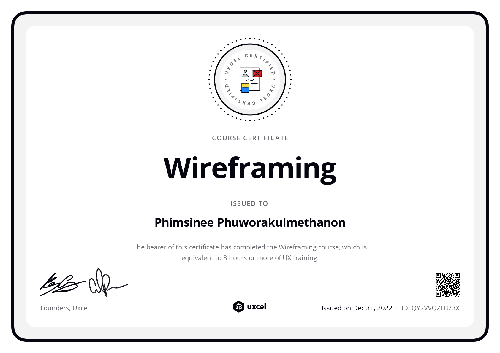 Phimsinee Phuworakulmethanon's certificate